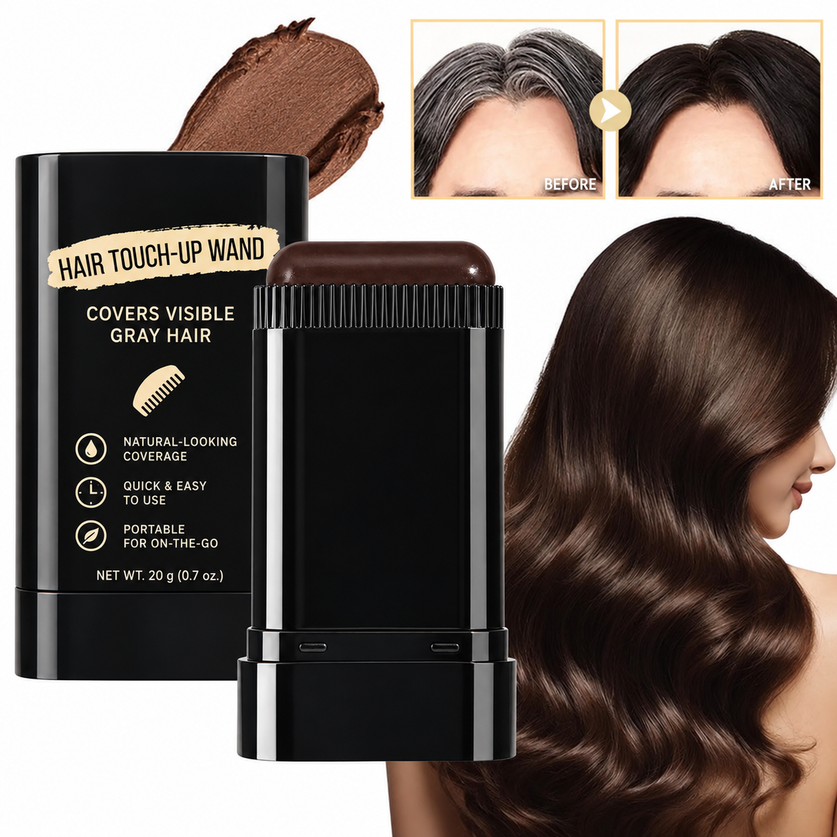 ✨ Instant Hair Color Touch-Up Stick – 💧 Waterproof Gray Hair Coverage for Roots, Hairlines & Beards 👩‍🦳🖤