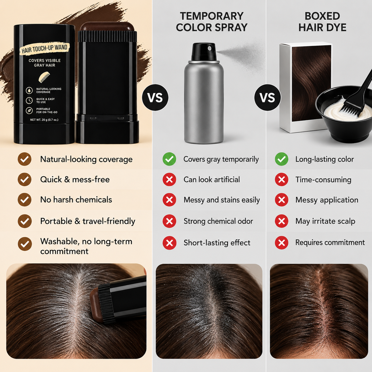 ✨ Instant Hair Color Touch-Up Stick – 💧 Waterproof Gray Hair Coverage for Roots, Hairlines & Beards 👩‍🦳🖤